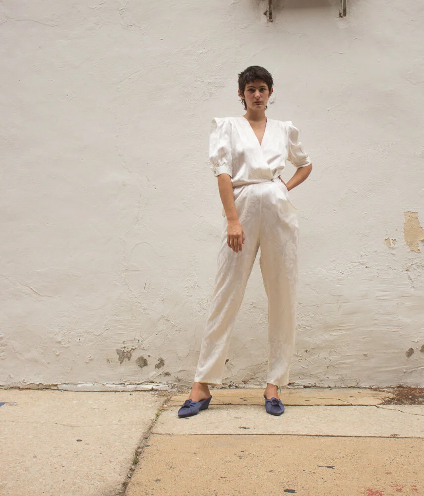 1980s White Jacquard Satin Jumpsuit Wayward Collection
